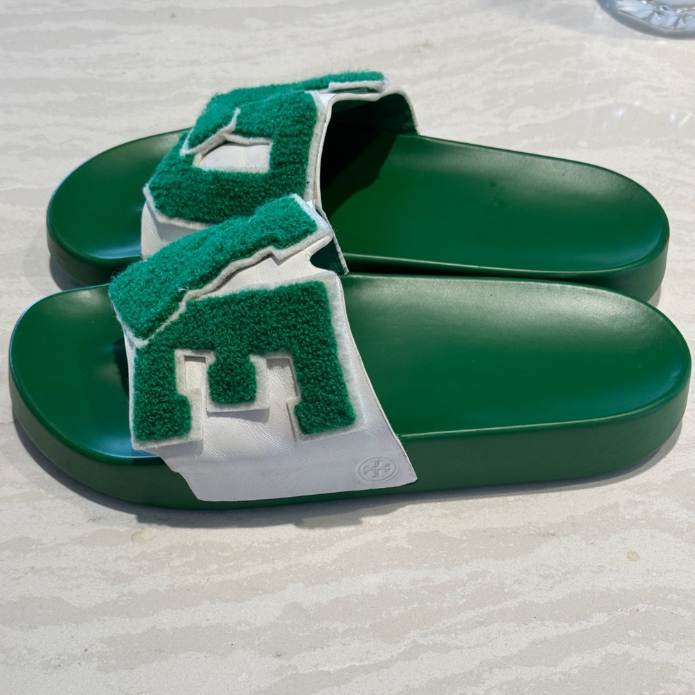 Tory Burch Green and White 'LOVE' Slide Sandals - Picture 3 of 4